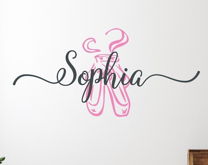 Ballet Name Decal with Pink Shoes, Removable Vinyl Wall Sticker