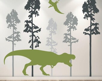 T-Rex Dinosaur Wall Decal with Pterodactyl and Trees – Prehistoric Forest Scene Sticker