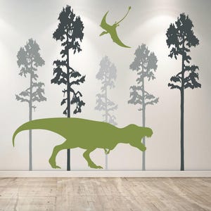 T-Rex Dinosaur Wall Decal with Pterodactyl and Trees – Prehistoric Forest Scene Sticker