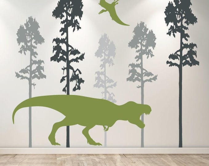 T-Rex Dinosaur Wall Decal with Pterodactyl and Trees – Prehistoric Forest Scene Sticker