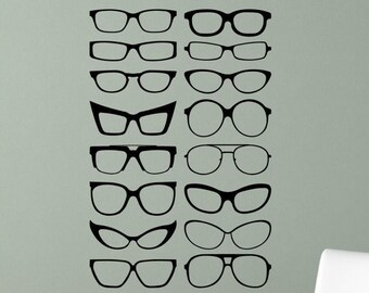 Eyeglass Wall Art Decal Set: Variety of Frame Silhouettes (23w x 35.29h inches)