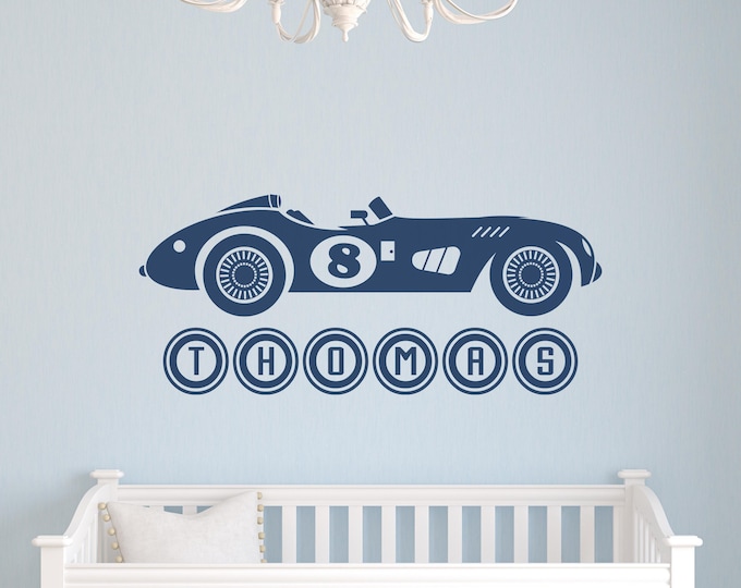 Personalized Race Car Decal: Blue Vinyl Name Nursery Wall Art