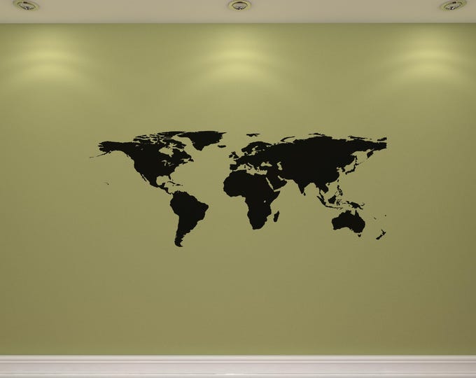 World Map Decal, Black Vinyl Wall Sticker for Geography Decor