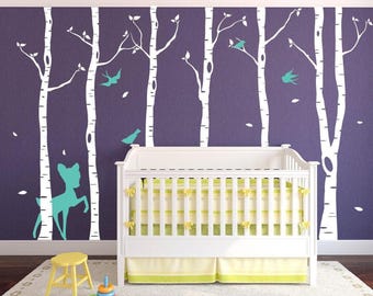 Birch Tree Decal, Matte Vinyl Nursery Wall Scene with Turquoise Deer