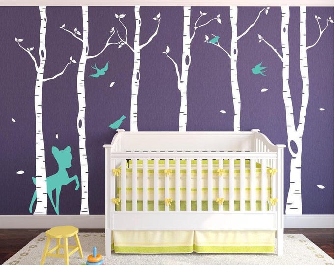 Birch Tree Decal, Matte Vinyl Nursery Wall Scene with Turquoise Deer