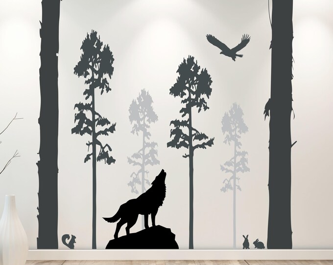Forest Wall Decal: Gray Pine Trees with Howling Wolf and Eagle