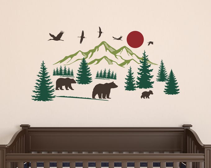 Woodland Nursery Wall Decal: Bears, Mountains, Pine Trees and Flying Geese