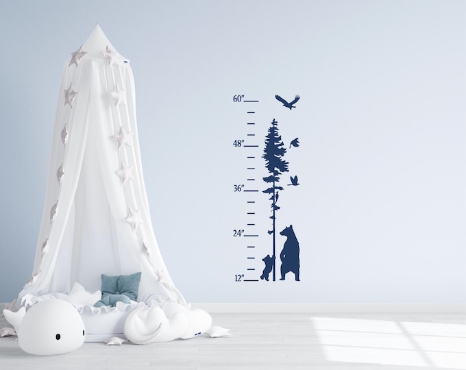 Woodland Growth Chart Wall Decal: Bear Nursery Height Chart with Tree and Birds