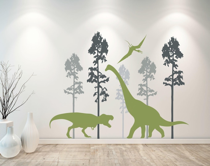 Dinosaur Wall Decal: T. rex, Long Neck, Pterodactyl, Trees – Kids Room Decor
