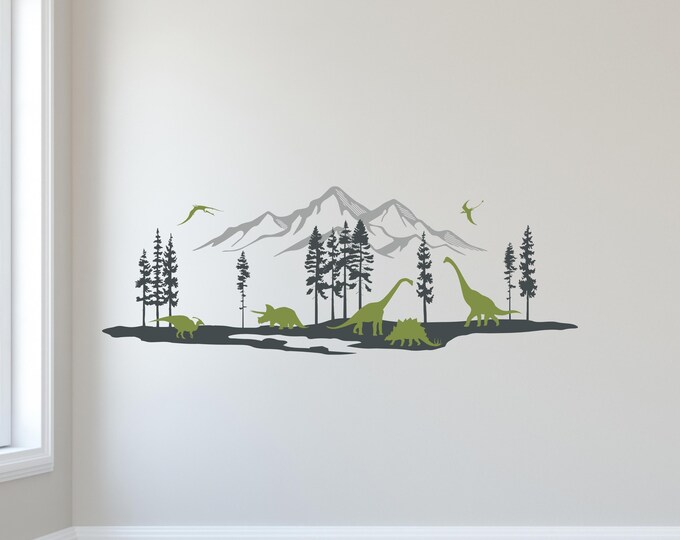 Dinosaur Wall Decal – 3 Color Dinosaur Scene Mountain Forest Decor