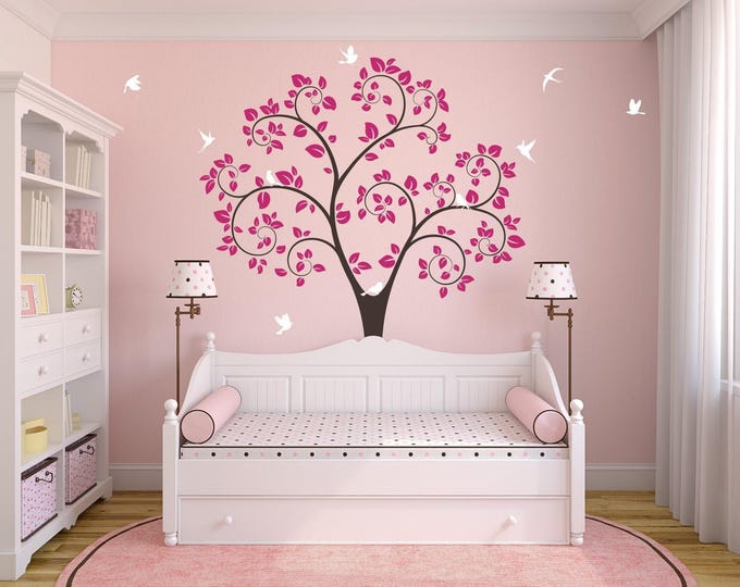 Tree Wall Decal: Pink Leaves and White Birds Nursery Design