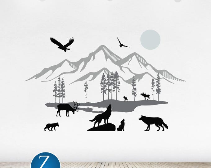 Mountain Wildlife Wall Decal – Wolves, Moose & Forest Silhouette Vinyl Art