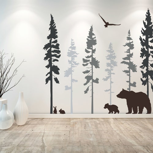 Décalque mur ours - décalque mur forêt - décalcomanies muraux arbres - décor mural pépinière D00748