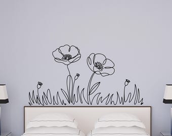 Flower Line Art Decal Poppy Floral Design for Floral Bedroom Wall Decor