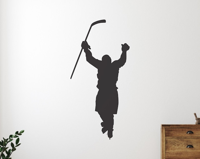 Hockey Player Wall Decal: Black Vinyl Goal Celebration Silhouette