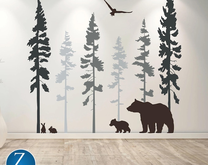Bear and Trees Forest Wall Decal – Rustic Nursery Vinyl Art