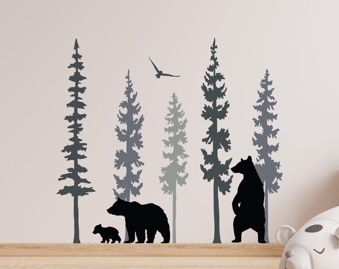 Bear Forest Wall Decal: Pine Tree Silhouette with Bear Family