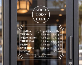 Custom Business Hours Window Decal with Logo & Social Media (12"x14")