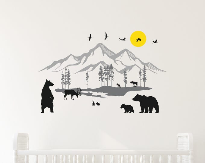 Woodland Nursery Wall Decal: Mountains, Forest Animals and Yellow Sun