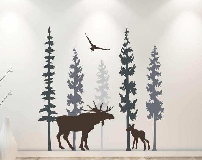 Forest Animal Decal, Moose And Deer Nature Wall Art In Removable Vinyl