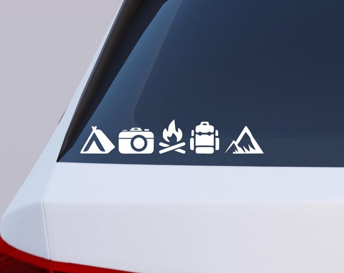 Camping Decal Car Window Decal with Tent Camera Campfire Backpack and Mountain Icons