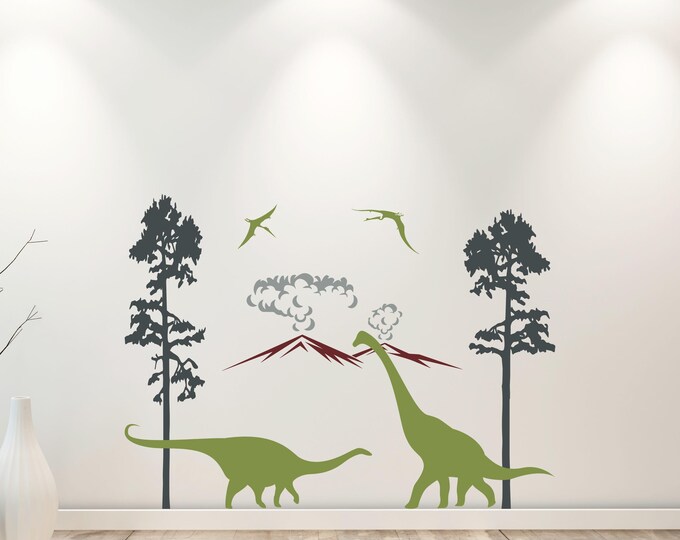 Dinosaur Wall Decal, Volcano Scene Matte Vinyl Art