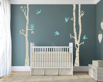 Birch Tree Nursery Wall Decal: Owl and Turquoise Birds