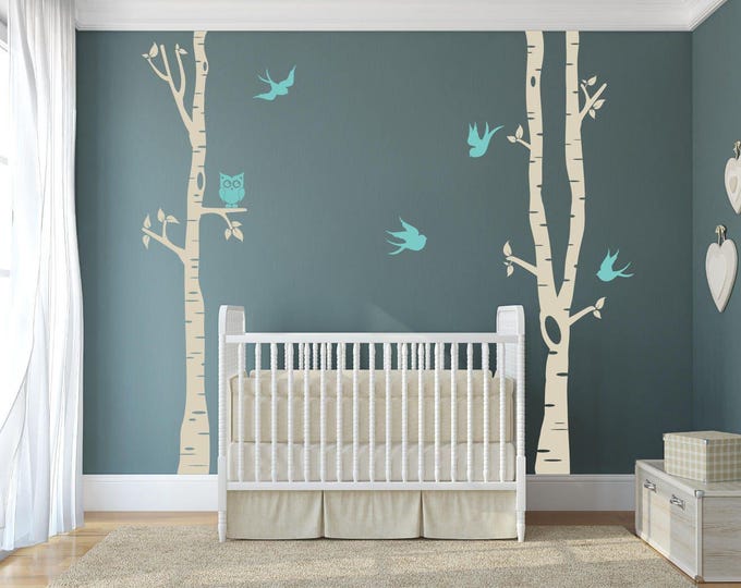Birch Tree Nursery Wall Decal: Owl and Turquoise Birds