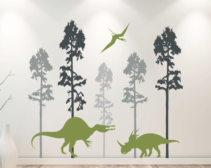 Dinosaur Wall Decal Forest Scene with Spinosaurus Triceratops and Pterosaur Dinosaur Room Decor