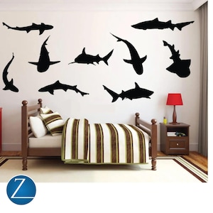 Shark Silhouette Wall Decals: Ocean Predator Vinyl Stickers, 9 Piece Set