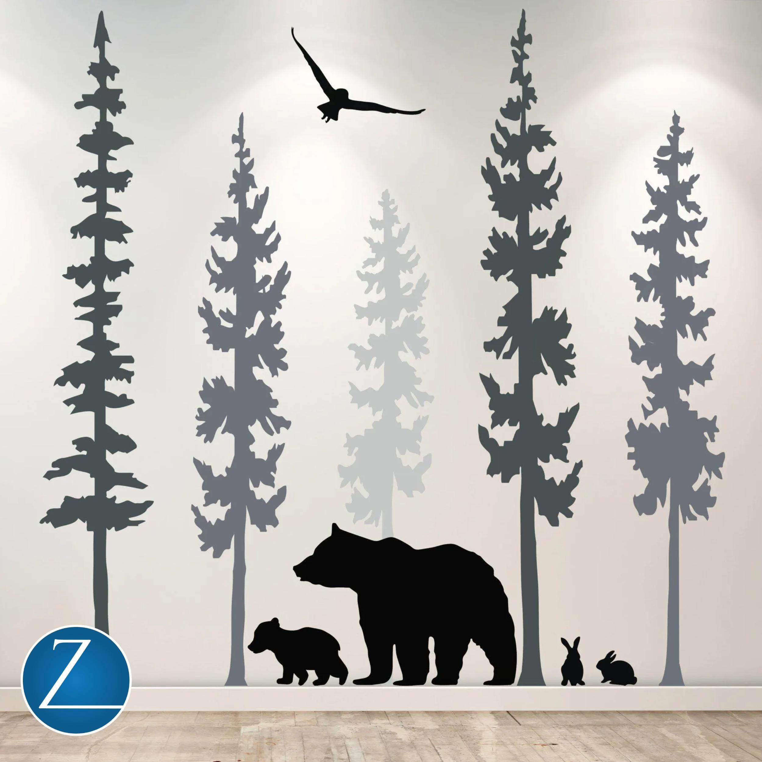Woodland Nursery Wall Decal: Bear and Pine Tree Vinyl Mural for Kids Room Decor