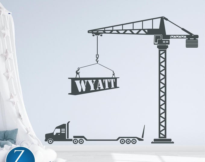 Custom Name Decal, Construction Crane Wall Art in Removable Vinyl