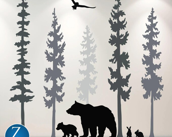 Forest Wall Decal Set: Trees & Wildlife Silhouette Vinyl Art
