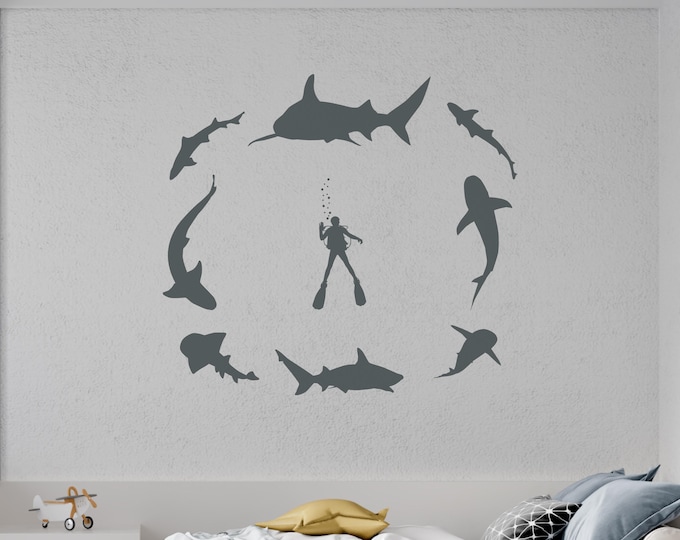 Shark Wall Decal, Gray Vinyl Scuba Diver Scene