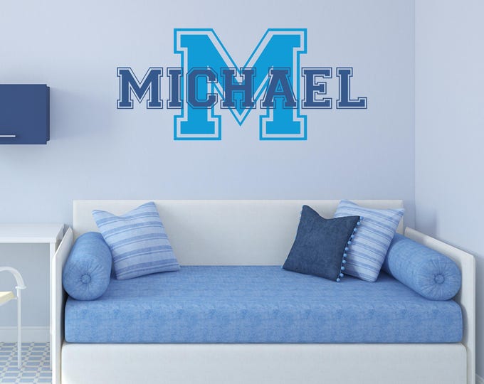 Personalized Name Wall Decal: Varsity Initial with Michael Name