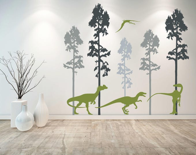 Dinosaur Forest Scene Wall Decal: Raptor, Pterodactyl, Trees