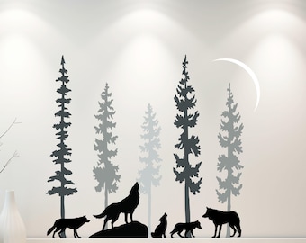 Wolf Pack Forest Wall Decal: Woodland Wildlife Moon Art