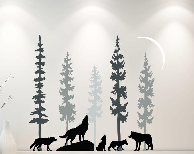 Wolf Pack Forest Wall Decal: Woodland Wildlife Moon Art