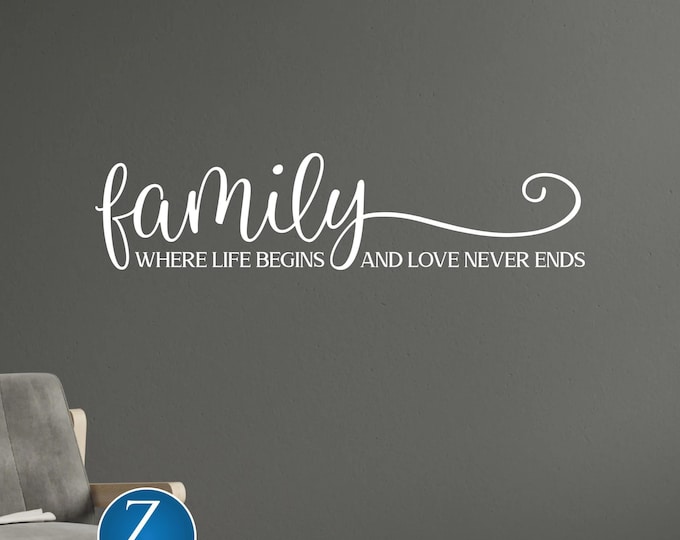 Family Wall Decal: Where Life Begins and Love Never Ends Quote