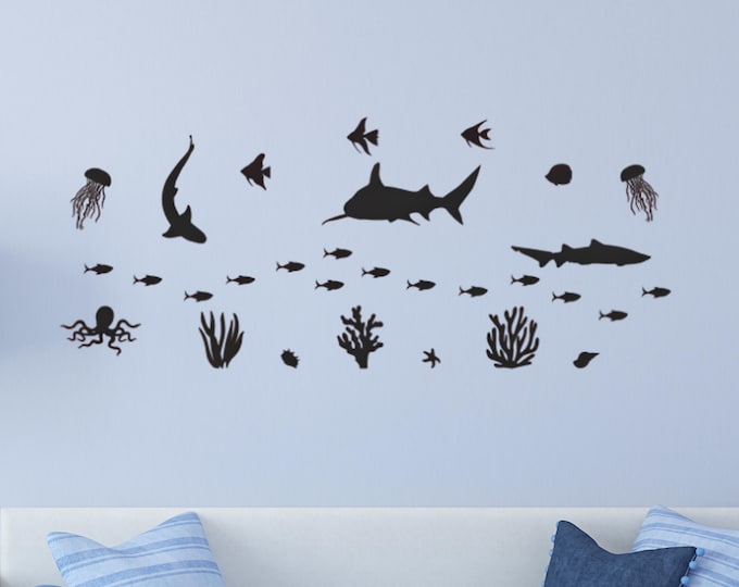 Sea Life Decal, Shark Ocean Scene in Removable Matte Vinyl