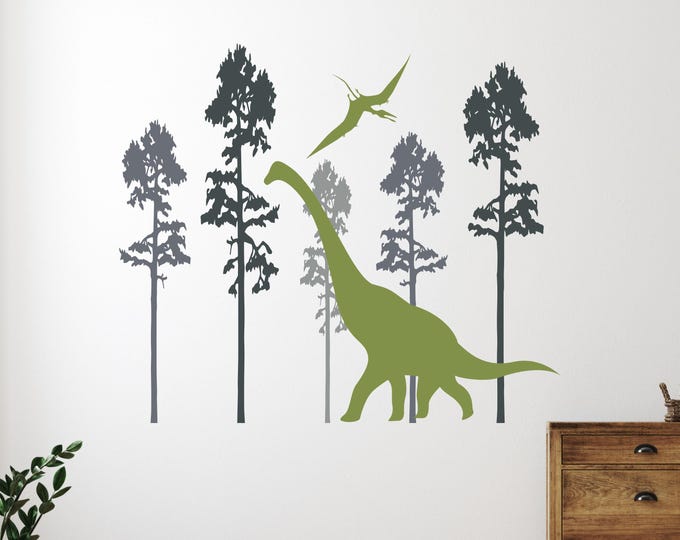 Dinosaur Wall Decal, Large Multicolor Forest Scene in Removable Vinyl