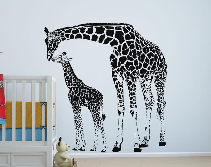 Giraffe Wall Decal: Black Mother and Baby Safari Silhouette