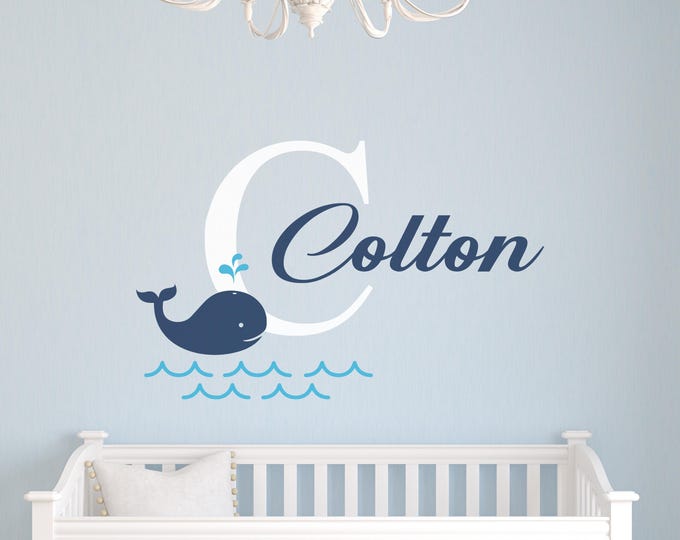 Whale Name Decal, Custom Initial Matte Vinyl Nursery Wall Sticker
