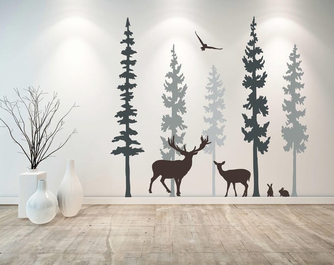 Forest Animal Wall Decal: Pine Tree Silhouettes with Deer Decor