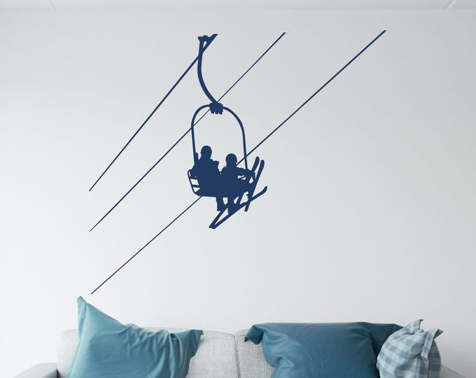 Ski Lift Wall Decal: Navy Blue Chairlift Silhouette with Skiers
