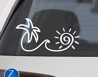Palm Tree Car Decal: Beach Vinyl Decal with Wave and Sun Design