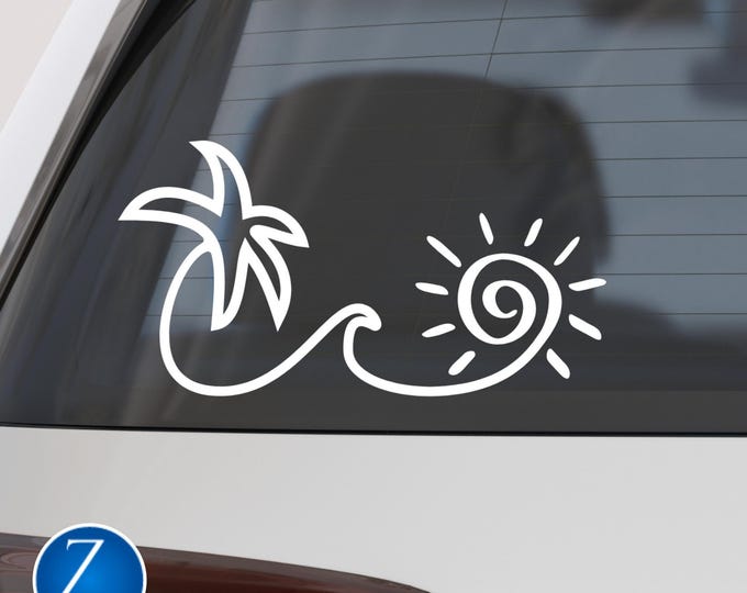 Palm Tree Car Decal: Beach Vinyl Decal with Wave and Sun Design