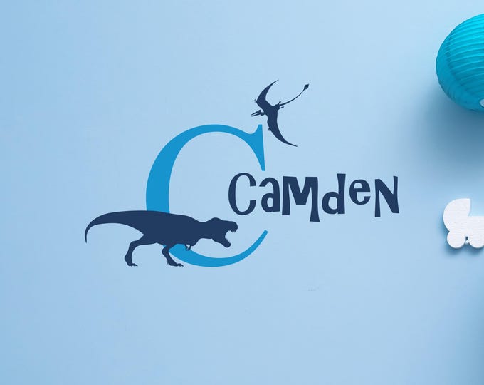 Personalized Dinosaur Name Wall Decal, Custom Initial Nursery Decor Sticker