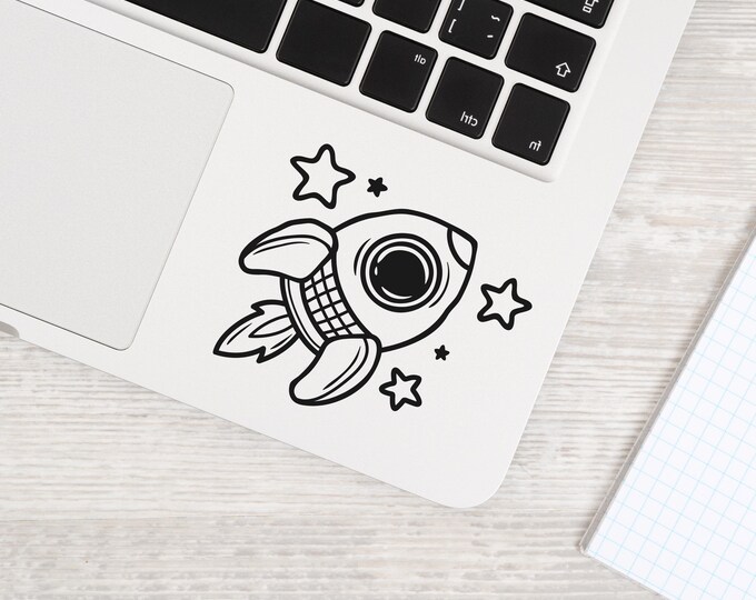 Rocket Laptop Decal: Black Vinyl Spaceship and Stars Sticker