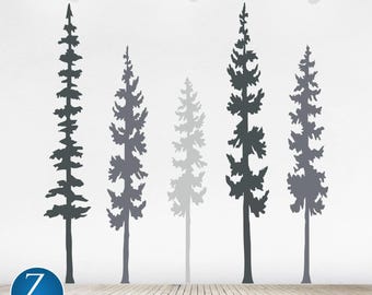 Tree Wall Decal Set: 5 Pine Tree Silhouette Vinyl Art